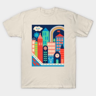 CITY KIDS Cityscape Cute Kawaii Cloud Buildings Rainbow Flower and Hidden Bear Face - UnBlink Studio by Jackie Tahara T-Shirt